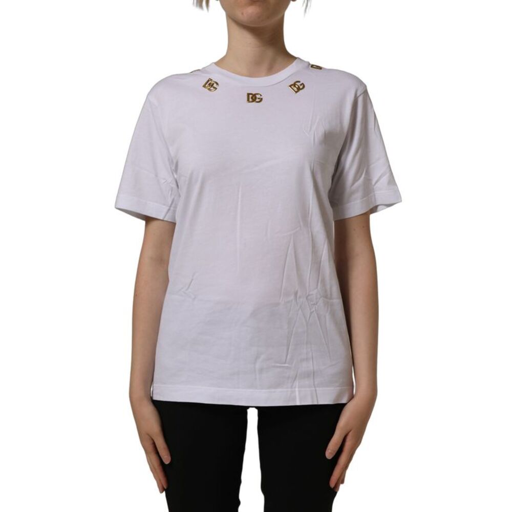 Dolce & Gabbana White Cotton Gold DG Logo Crew Neck Women's T-shirt